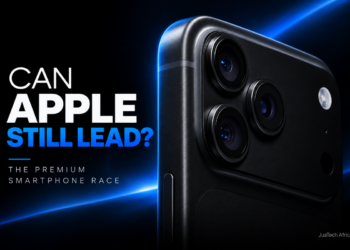 Dark premium smartphone camera close-up with the headline Can Apple Still Lead? for JuaTech Africa's premium smartphone analysis.