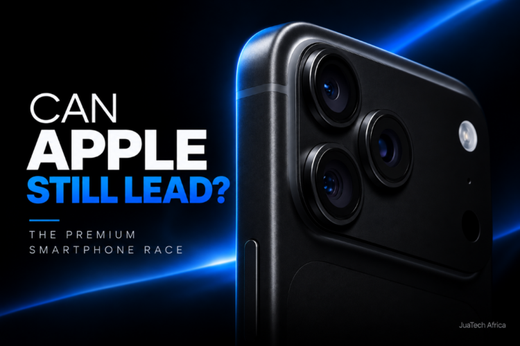 Dark premium smartphone camera close-up with the headline Can Apple Still Lead? for JuaTech Africa's premium smartphone analysis.