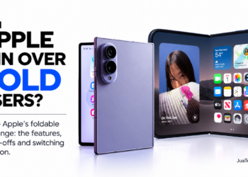 Apple iPhone Duo and Samsung Galaxy Z Fold8 displayed open and folded in a comparison