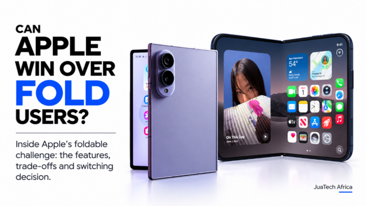 Apple iPhone Duo and Samsung Galaxy Z Fold8 displayed open and folded in a comparison